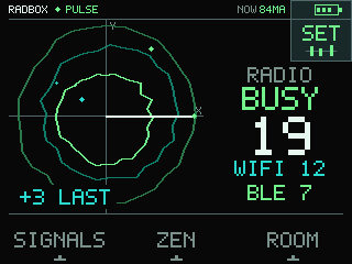 The RADBOX screen with a green chart and a count of detected Wi-Fi and Bluetooth signals.