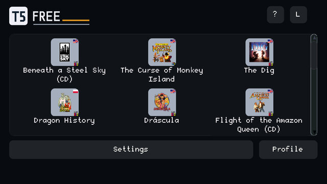 An adventure game selection screen showing six game covers.