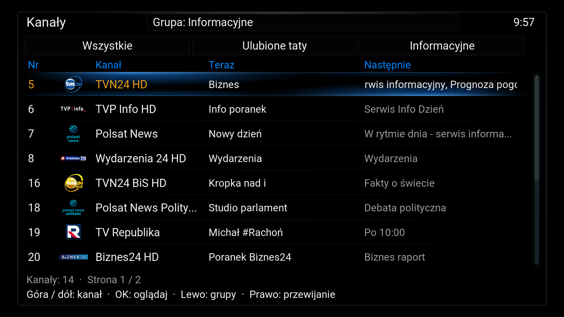 Wcześniejsze porównanie ciemnego motywu listy kanałów