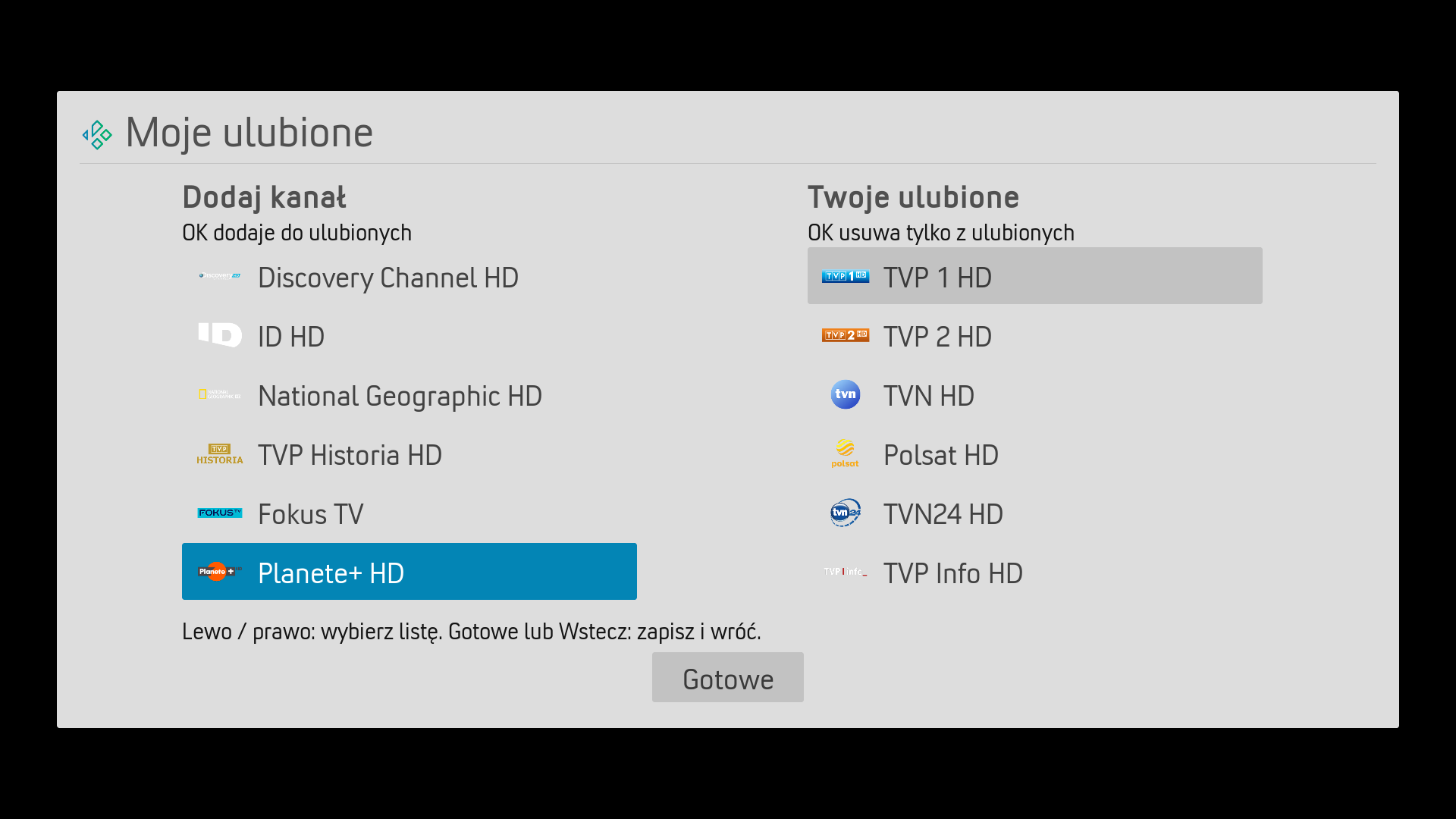 Moje ulubione 0.1.6 na Chromecast: lewa lista dodaje kanał, prawa usuwa go tylko z ulubionych
