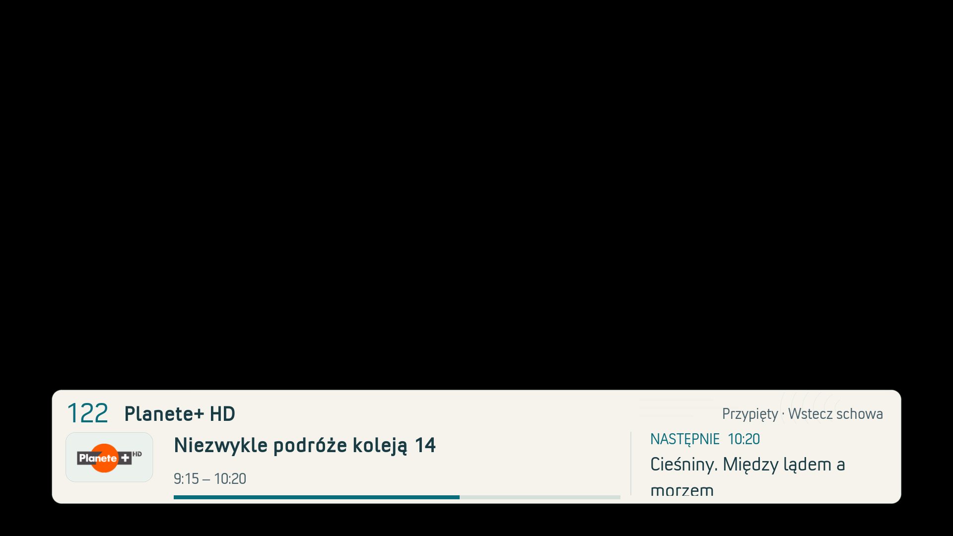 Aktualny pasek Planete+ HD z nazwą, logo, postępem programu i podpowiedzią Przypięty — Wstecz schowa