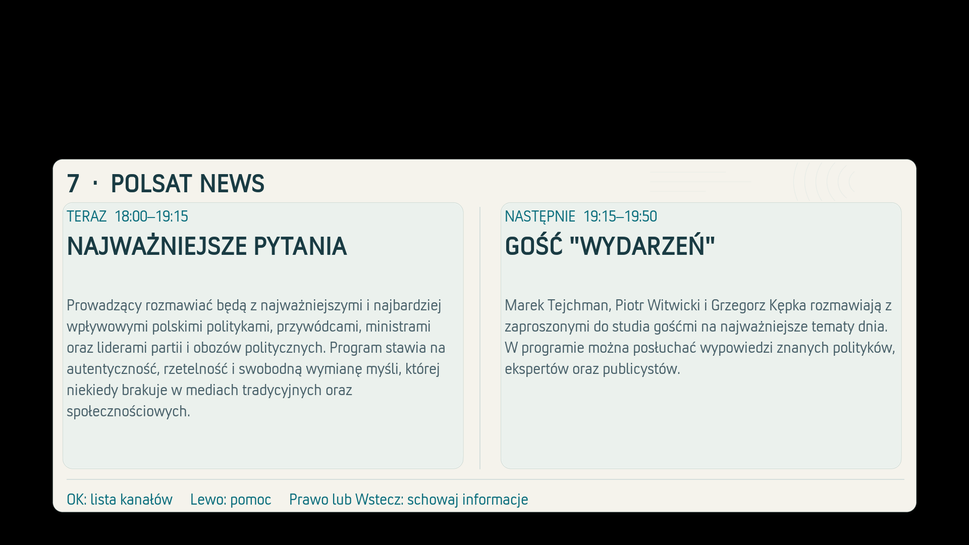 Rzeczywisty panel opisów Nasz TV nałożony na poglądowe tło