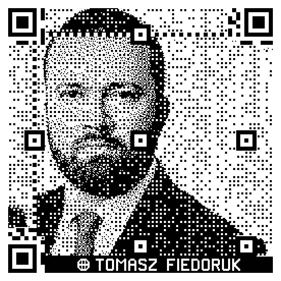QR code with a portrait of Tomasz Fiedoruk woven into it; scanning it opens fiedoruk.pl